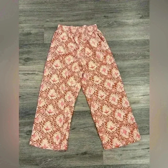 C&C California Women Wide-Leg Pull-On Pants Orange Floral LinenBlend Boho Casual - Picture 1 of 4